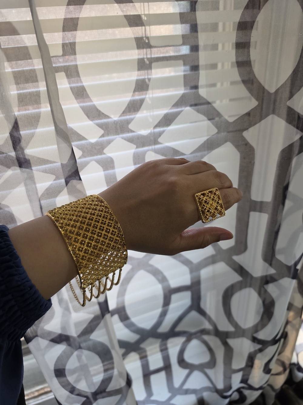 Elegant 21k Gold Plated - Lattice Cuff Bracelet and Ring Set